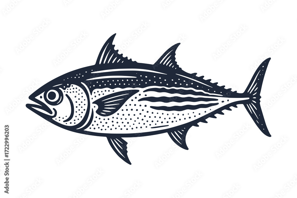 Fototapeta premium Fish engraving style stylized black on white vector illustration