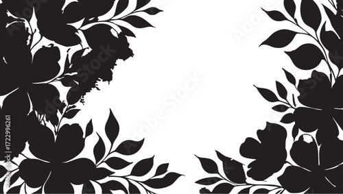 Black and white floral vector design: flowers, leaves, and elegant corner border eps silhouette