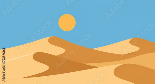 Vast desert landscape with rolling sand dunes under a clear sky and bright sun.