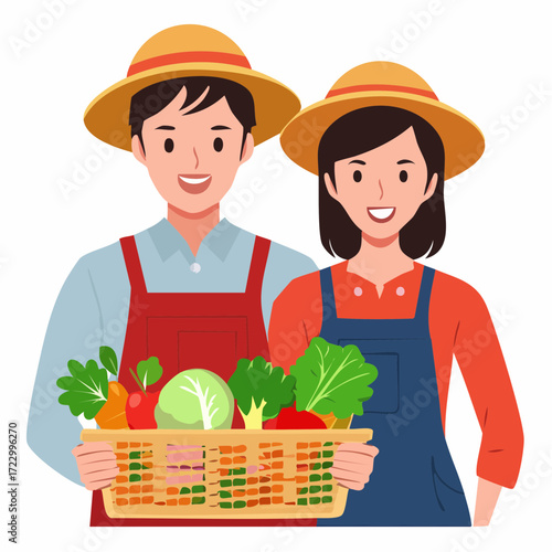 採れたて野菜のカゴを持つ農家の夫婦のベクターイラスト素材