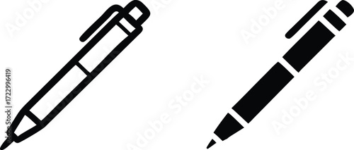 Vector art of two pen icons isolated on white background, one outlined and one solid black, showcasing different styles for writing, drawing, or office use in a minimalist and modern design