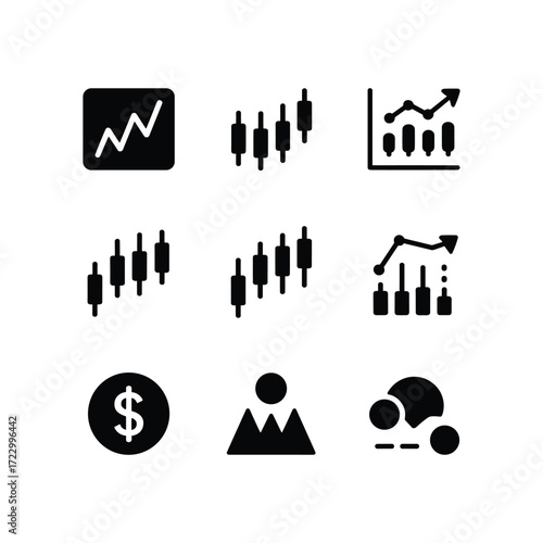 Collection of business and finance icons representing growth trading and analysis concepts