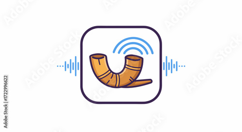 Shofar blowing sound waves in colorful digital icon design  