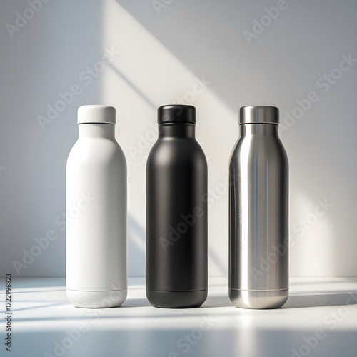 Trio of insulated bottles: white, black, and silver metallic