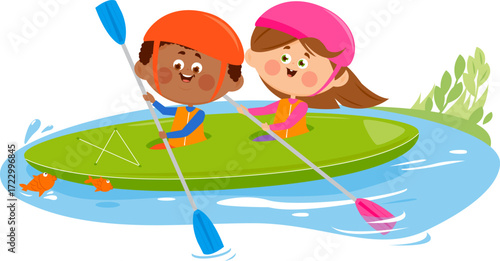 Children rafting on kayak or canoe rowing with paddles in boats in river. Kayaking sport activity of kids using a kayak for moving over water waves. Boy and girl in a canoe with paddle or oar.