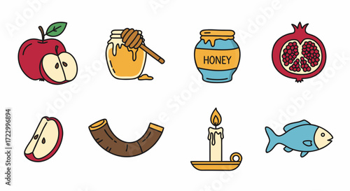 Apple, honey jar, pomegranate, candle, and fish symbols for Rosh Hashanah  