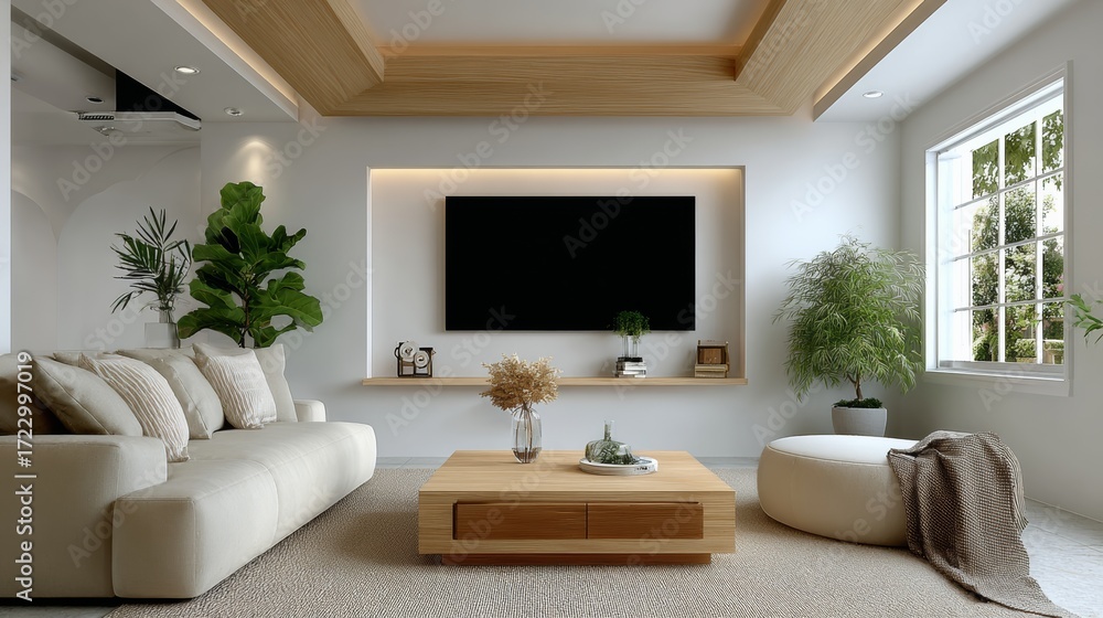 Fototapeta premium Modern living room featuring a cozy white sofa, wooden coffee table, lush indoor plants, and a large wall-mounted television, creating a stylish and inviting atmosphere for relaxation and entertainmen