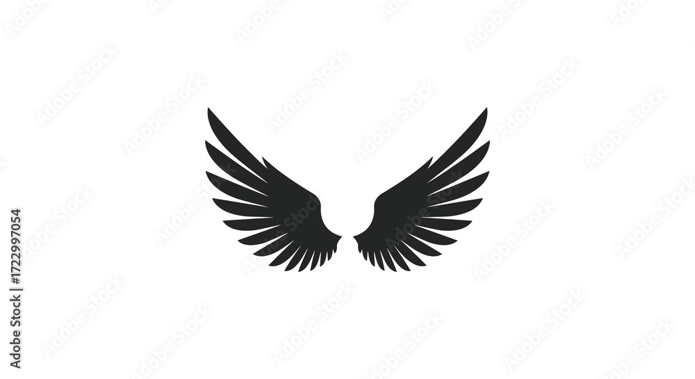Obraz premium A pair of black feathered wings against a white background silhouette