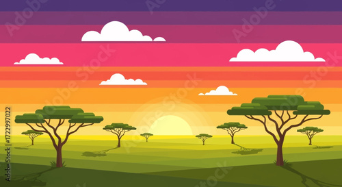 Vibrant African savanna landscape with acacia trees at sunset.