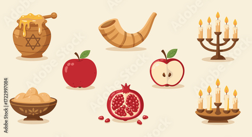 Rosh Hashanah symbols including honey, apples, and shofar in flat design  