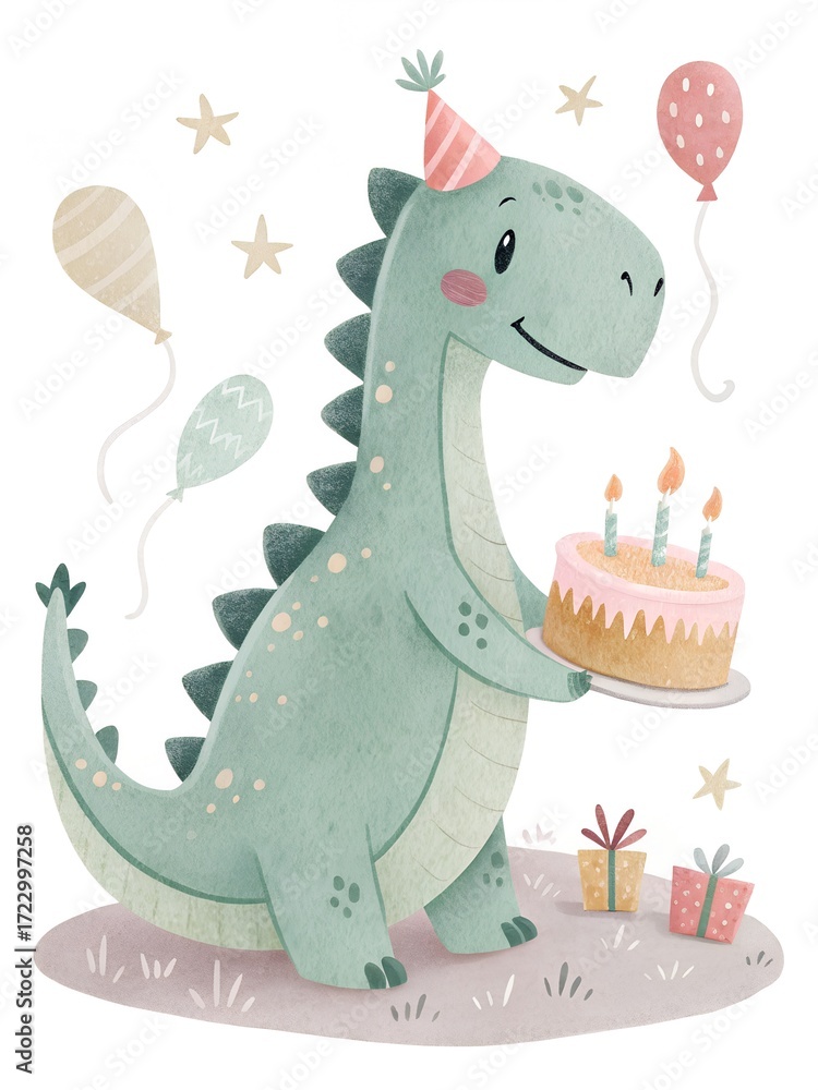 Naklejka premium Cute dinosaur holds birthday cake with balloons and candles. Smiling animal brings gift at party celebration. Adorable cartoon illustration perfect for kids card design.