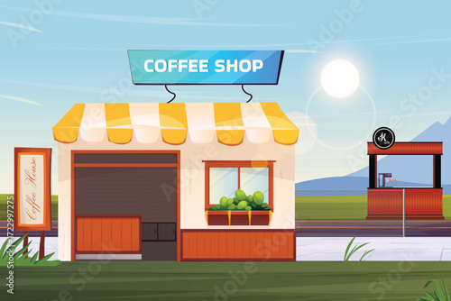 Illustration of a coffee shop with a sign and a drink machine