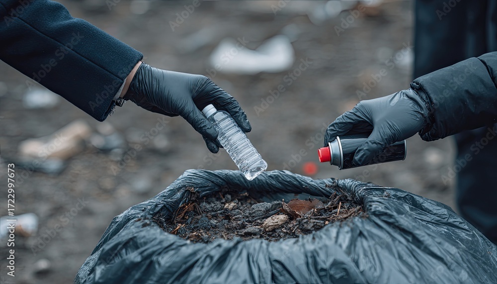 Obraz premium Hands sorting trash into a black bin