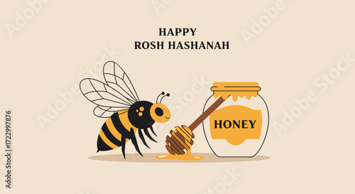 Happy Rosh Hashanah with bee and honey jar on light background  