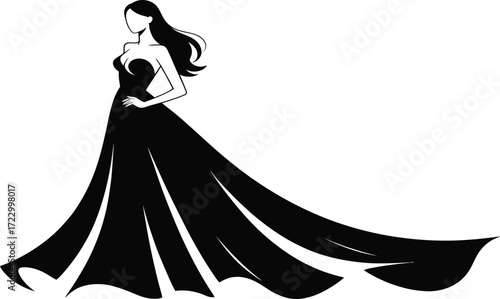 Elegant woman in a flowing black gown with a dramatic train, exuding sophistication and timeless glamour for fashion campaigns.