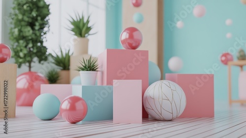 Pastel geometric shapes arrangement with plants, creating a soothing and modern aesthetic, perfect for contemporary designs