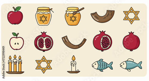 Symbols of Rosh Hashanah illustrated in colorful, festive style  