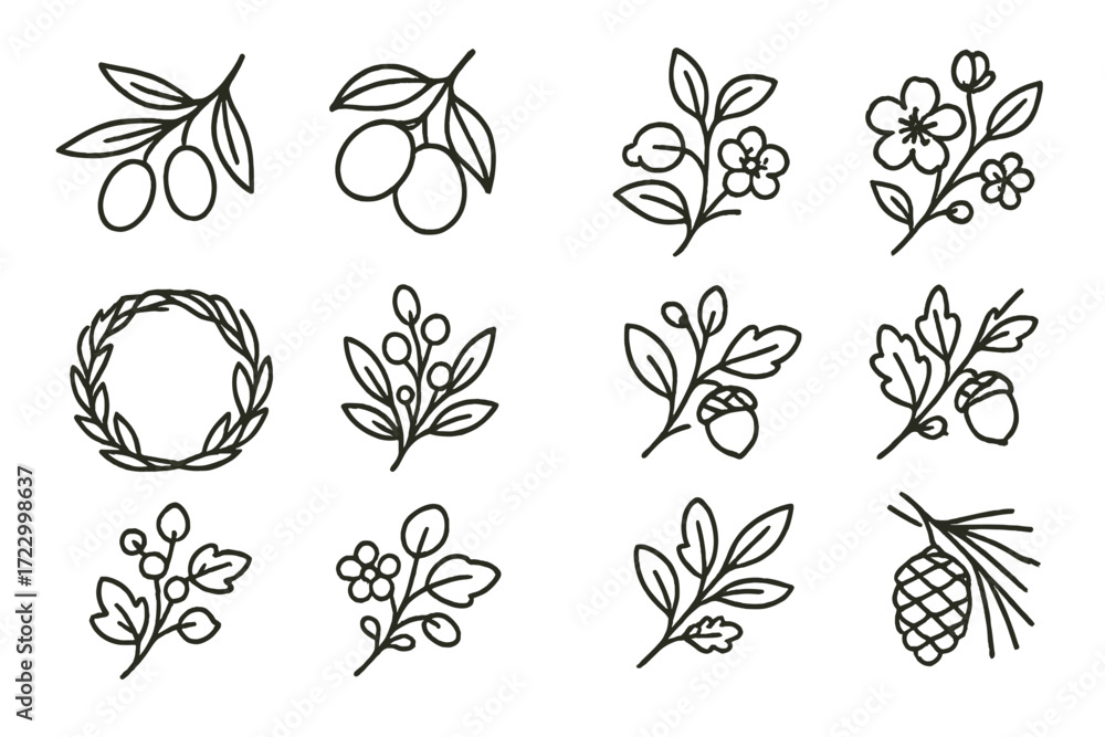 Fototapeta premium Elegant hand-drawn botanical elements and nature-inspired illustrations