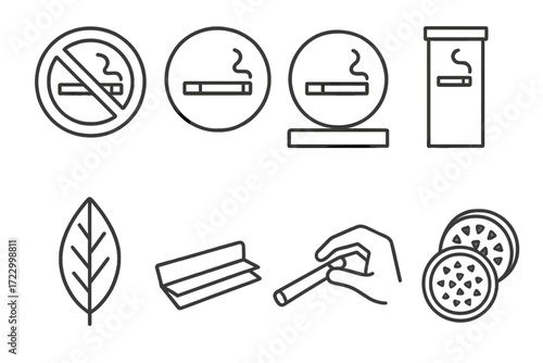 Cigarette and tobacco icons: no smoking, rolling papers, hand holding cigarette, tobacco leaf, grinder