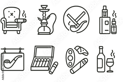 Line icons of smoking and alcohol: hookah, cigar, pipe, e-cigarette, wine