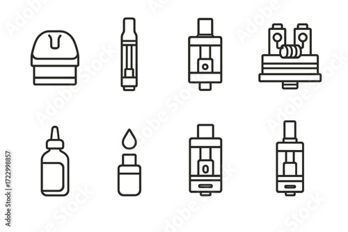 Vape accessories: cartridges, coils, and e-liquid bottles in outline style