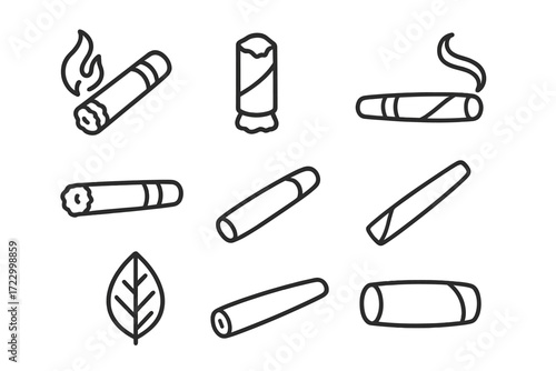 Set of cigarette and tobacco leaf icons: smoking symbol collection