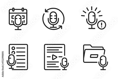 Minimalist podcast icons set including microphone, calendar, checklist, and file elements