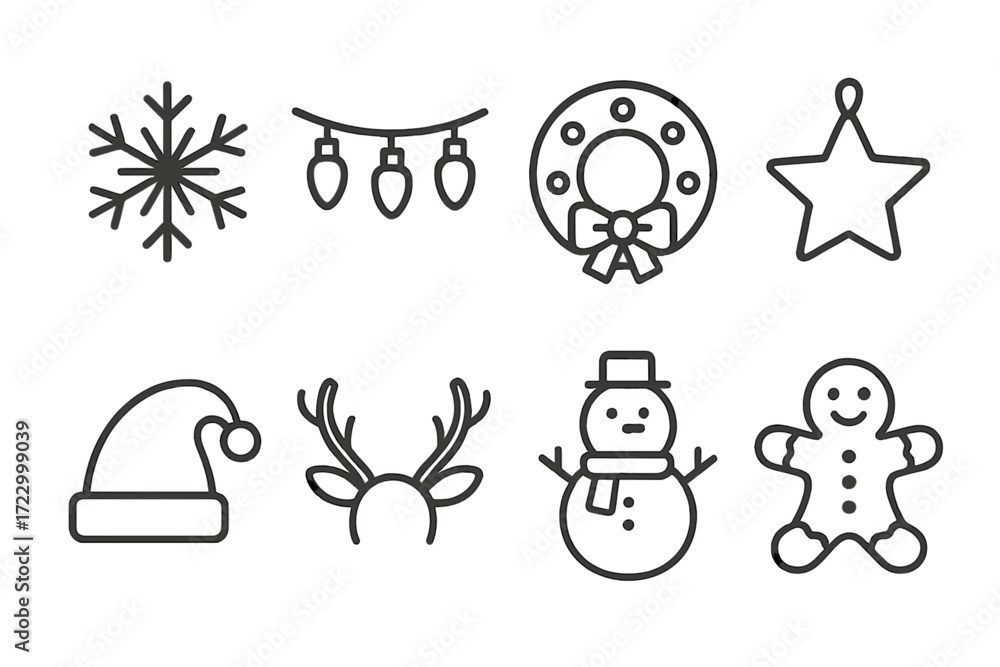 Fototapeta premium Festive holiday icons: snowflake, lights, wreath, star, santa hat, reindeer, snowman, gingerbread