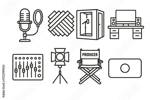 Icons of sound engineering: microphone, mixing console, studio setup, and recording gear