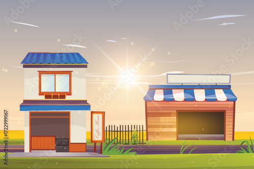 Illustration of a coffee shop with a sign and a drink machine