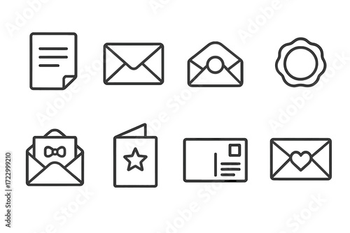 Set of eight minimalist mail and document line icons on white background