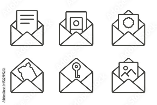 Envelope icons set: letter, document, badge, ticket, key, photo symbols