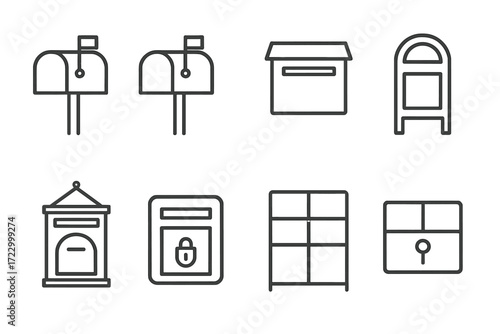 Set of eight mailbox icons in minimalist line art style