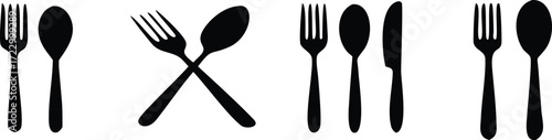 Vector art of a set of cutlery icons featuring forks, spoons, and a knife, arranged in various configurations, including crossed and sidebyside arrangements
