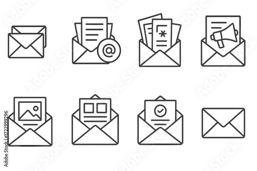 Simple email communication icons set: documents, notifications, attachments