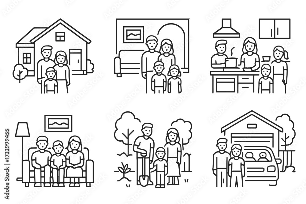 Obraz premium Family living scenes with diverse activities and settings