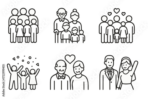 Family relationships: icons depicting various family structures and bonds