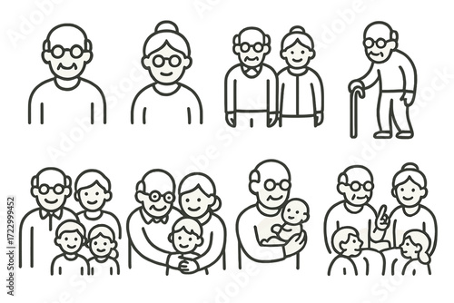 Family generations icons: elderly, adults, children in line art style