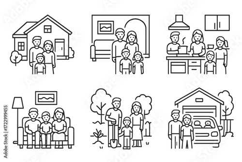 Family living scenes with diverse activities and settings