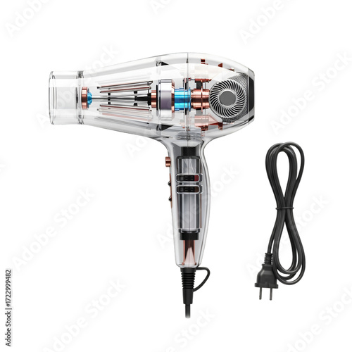 Transparent hairdryer with visible internal components and cord isolated on transparent background