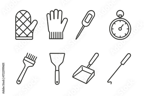 Collection of grilling and cooking tools with oven mitt, gloves, thermometer, and more
