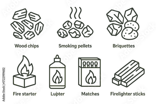 Variety of bbq fuel types: wood chips, smoking pellets, briquettes, fire starters, lighter fluid, matches