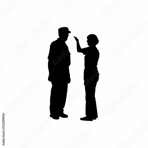 Silhouette of parole officer listening to parolee on white background