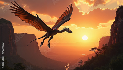 Mythical dragon soaring over canyon at sunset with vibrant sky  