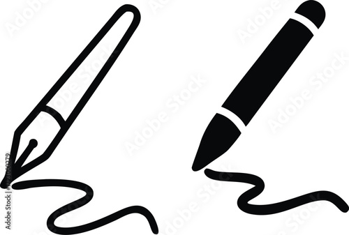 Illustration of two different pens, one with a fountain nib and the other with a marker tip, both drawing a wavy line, isolated on white background, perfect for writing or drawing concepts