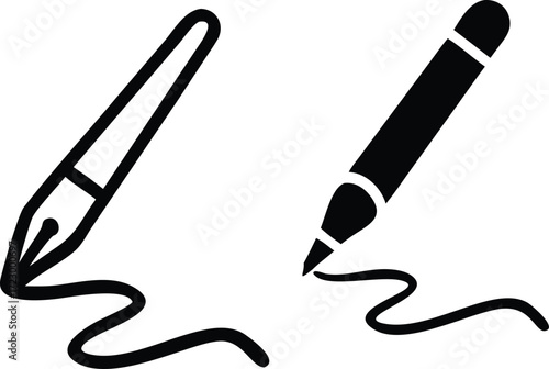 Illustration of two different pens, one with a fountain nib and the other with a marker tip, both drawing a wavy line, isolated on white background, perfect for writing or drawing concepts