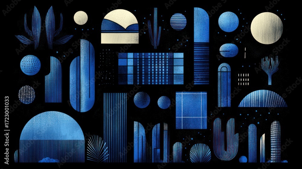 Obraz premium Geometric desert nightscape illustration with abstract shapes and textures