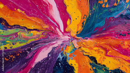A vibrant abstract acrylic painting of exploding colors swirling like galaxies, fluid movement, bold contrasts