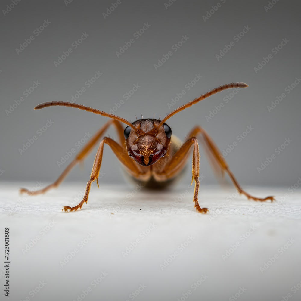 Fototapeta premium Intense macro portrait of a formidable orange ant looking directly forward, showcasing detailed compound eyes and antennae