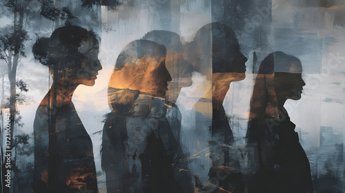 A surreal representation of memories, layered silhouettes fading into abstract strokes